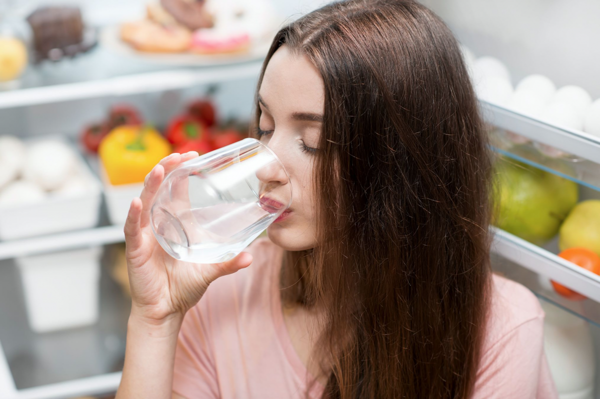 Seorang wanita sedang minum air put